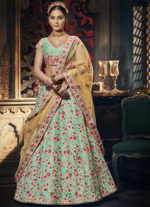 Turquoise Designer Wedding Wear Embroidery Lehenga