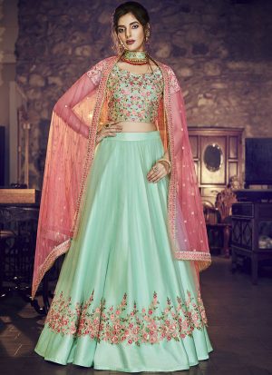 Turquoise Designer Wedding Wear Embroidery Lehenga