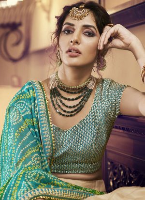 Cream Designer Wedding Wear Embroidery Lehenga