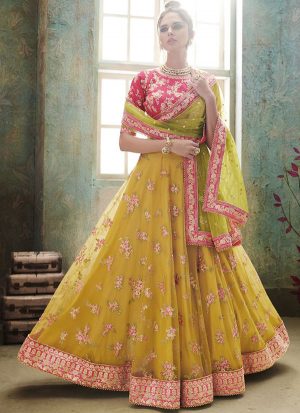 Yellow Designer Wedding Wear Embroidery Lehenga