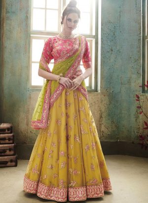Yellow Designer Wedding Wear Embroidery Lehenga