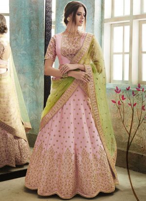 Baby Pink Designer Wedding Wear Embroidery Lehenga