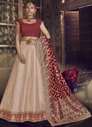 Cream Designer Wedding Wear Embroidery Lehenga