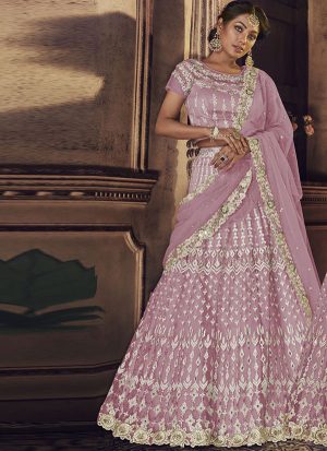 Pink Designer Wedding Wear Embroidery Lehenga