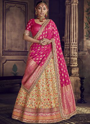 Cream Designer Wedding Wear Embroidery Lehenga