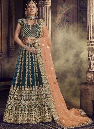 Dark Teal Designer Wedding Wear Embroidery Lehenga