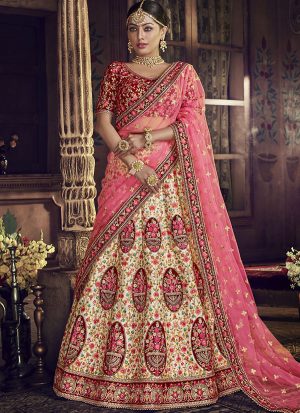 Cream Designer Wedding Wear Embroidery Lehenga