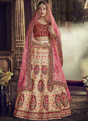 Cream Designer Wedding Wear Embroidery Lehenga