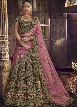 Dark Olive Designer Wedding Wear Embroidery Lehenga