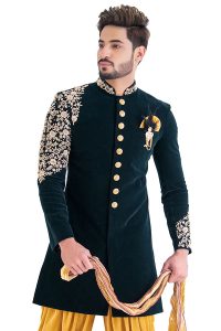 Green Wedding Wear Velvet Indo Western Sherwani