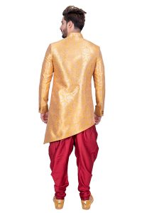 Yellow & Golden Reception Wear Brocade Silk Indo Western Sherwani