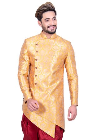 Yellow & Golden Reception Wear Brocade Silk Indo Western Sherwani