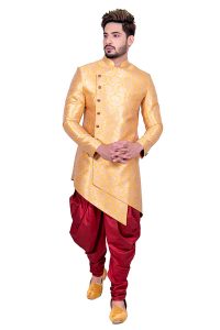 Yellow & Golden Reception Wear Brocade Silk Indo Western Sherwani