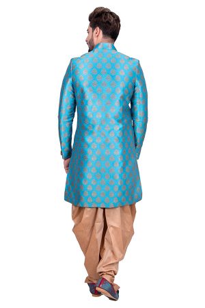 Turquoise Blue Wedding Wear Brocade Silk Indo Western Sherwani