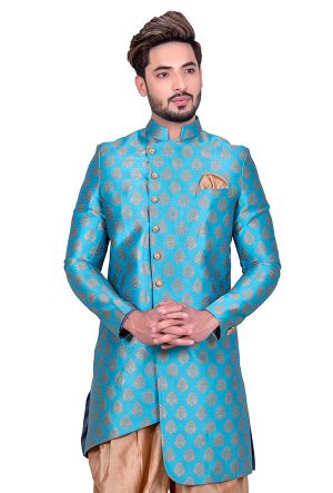 Turquoise Blue Wedding Wear Brocade Silk Indo Western Sherwani