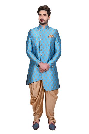 Turquoise Blue Wedding Wear Brocade Silk Indo Western Sherwani
