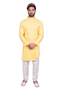 Yellow Reception Wear Cool Cotton Indo Western Sherwani