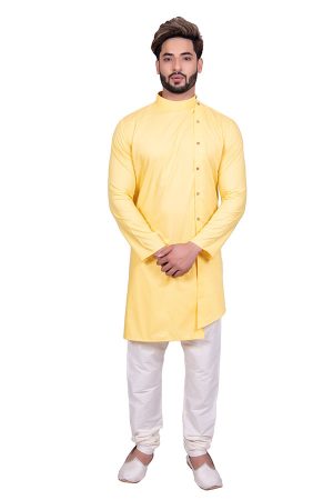 Yellow Reception Wear Cool Cotton Indo Western Sherwani