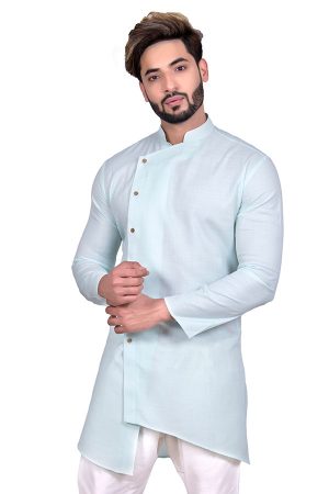 Light Cyan Wedding Wear Cool Cotton Indo Western Sherwani