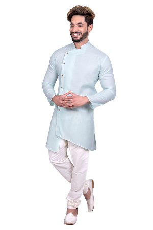Light Cyan Wedding Wear Cool Cotton Indo Western Sherwani