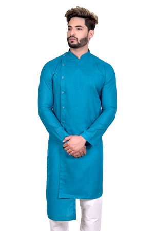 Turquoise Blue Reception Wear Cool Cotton Indo Western Sherwani