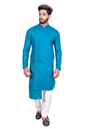 Turquoise Blue Reception Wear Cool Cotton Indo Western Sherwani