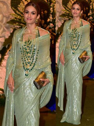 Pesta Green Sequence Work Georgette Bollywood Saree With Blouse