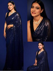 Kajol Rembo Sequence Work Designer Bollywood Blue Saree