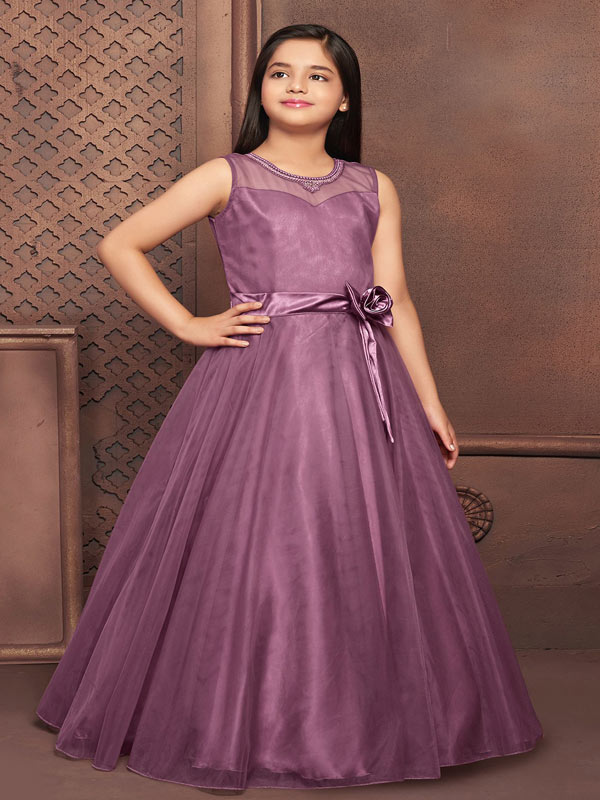 Pink Net Kids Girl Designer Gown With Floral DTK2652