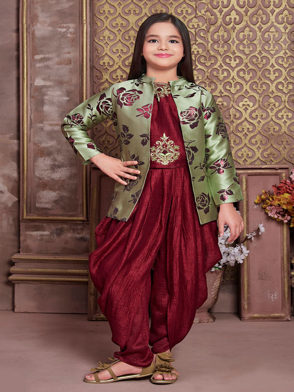 Maroon Satin Embroidery & Stones Kids Girls Patiala Salwar Suits - Zakarto