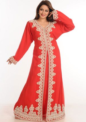 Red Zari Work Stones & Beads Embellish Georgette Islamic Style Arabian Maxi Partywear Kaftan