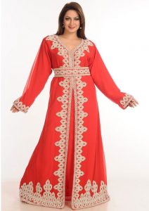 Red Zari Work Stones & Beads Embellish Georgette Islamic Style Arabian Maxi Partywear Kaftan