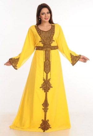 Yellow Zari Work Stones & Beads Embellish Georgette Islamic Style Arabian Maxi Partywear Kaftan