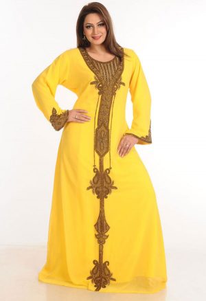 Yellow Zari Work Stones & Beads Embellish Georgette Islamic Style Arabian Maxi Partywear Kaftan