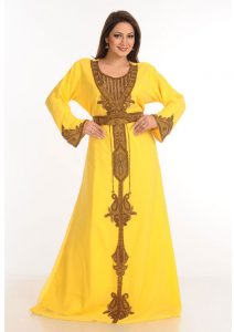 Yellow Zari Work Stones & Beads Embellish Georgette Islamic Style Arabian Maxi Partywear Kaftan