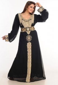 Black Zari Work Stones & Beads Embellish Georgette Islamic Style Arabian Maxi Partywear Kaftan