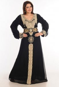 Black Zari Work Stones & Beads Embellish Georgette Islamic Style Arabian Maxi Partywear Kaftan