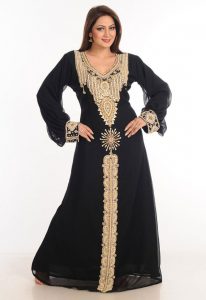 Black Zari Work Stones & Beads Embellish Georgette Islamic Style Arabian Maxi Partywear Kaftan