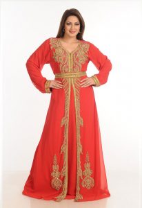 Red Zari Work Stones & Beads Embellish Georgette Islamic Style Arabian Maxi Partywear Kaftan