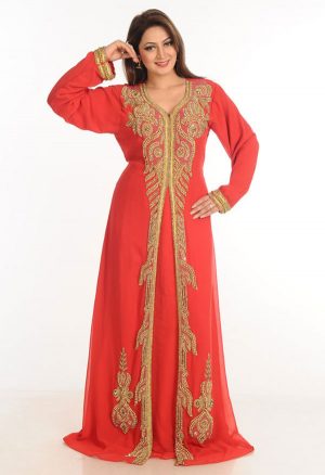 Red Zari Work Stones & Beads Embellish Georgette Islamic Style Arabian Maxi Partywear Kaftan