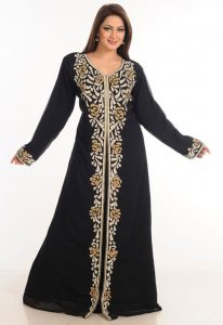 Black Zari Work Stones & Beads Embellish Georgette Islamic Style Arabian Maxi Partywear Kaftan