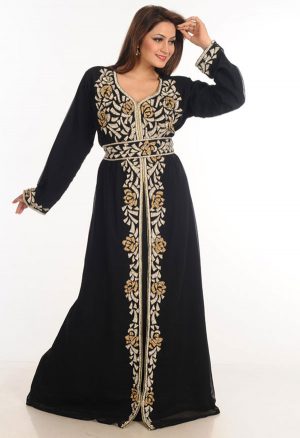 Black Zari Work Stones & Beads Embellish Georgette Islamic Style Arabian Maxi Partywear Kaftan