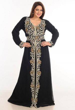 Black Zari Work Stones & Beads Embellish Georgette Islamic Style Arabian Maxi Partywear Kaftan