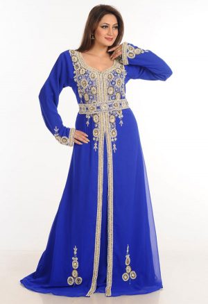 Blue Zari Work Stones & Beads Embellish Georgette Islamic Style Arabian Maxi Partywear Kaftan