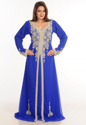 Blue Zari Work Stones & Beads Embellish Georgette Islamic Style Arabian Maxi Partywear Kaftan