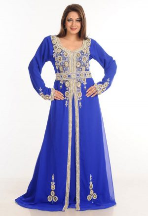 Blue Zari Work Stones & Beads Embellish Georgette Islamic Style Arabian Maxi Partywear Kaftan