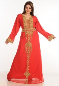 Red Zari Work Stones & Beads Embellish Georgette Islamic Style Arabian Maxi Partywear Kaftan