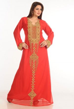 Red Zari Work Stones & Beads Embellish Georgette Islamic Style Arabian Maxi Partywear Kaftan