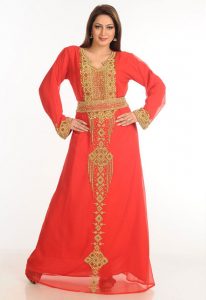 Red Zari Work Stones & Beads Embellish Georgette Islamic Style Arabian Maxi Partywear Kaftan