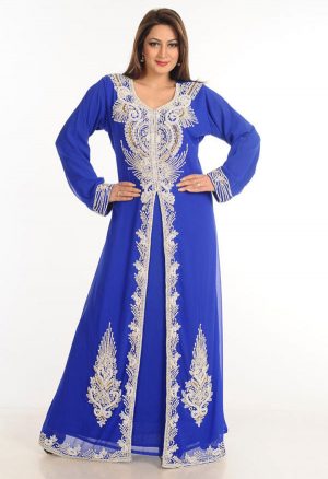 Blue Zari Work Stones & Beads Embellish Georgette Islamic Style Arabian Maxi Partywear Kaftan